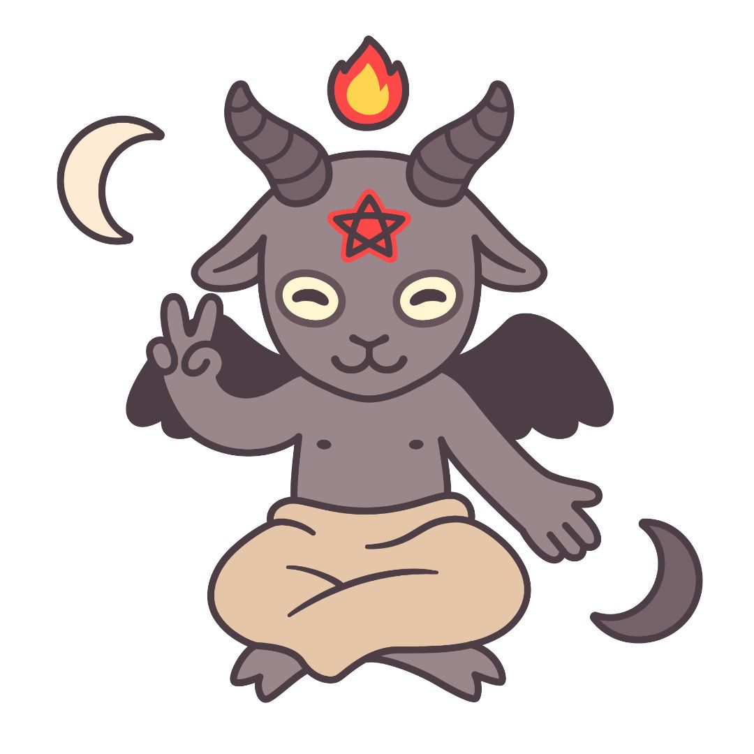 Baphomet sitting and showing a peace symbol