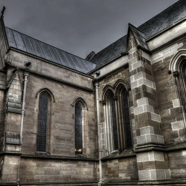 The outside of a church in a gray sky