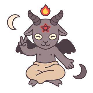 Baphomet sitting and showing a peace symbol