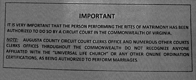 Clerk notice refusing to recognise Universal Life Church Ministers